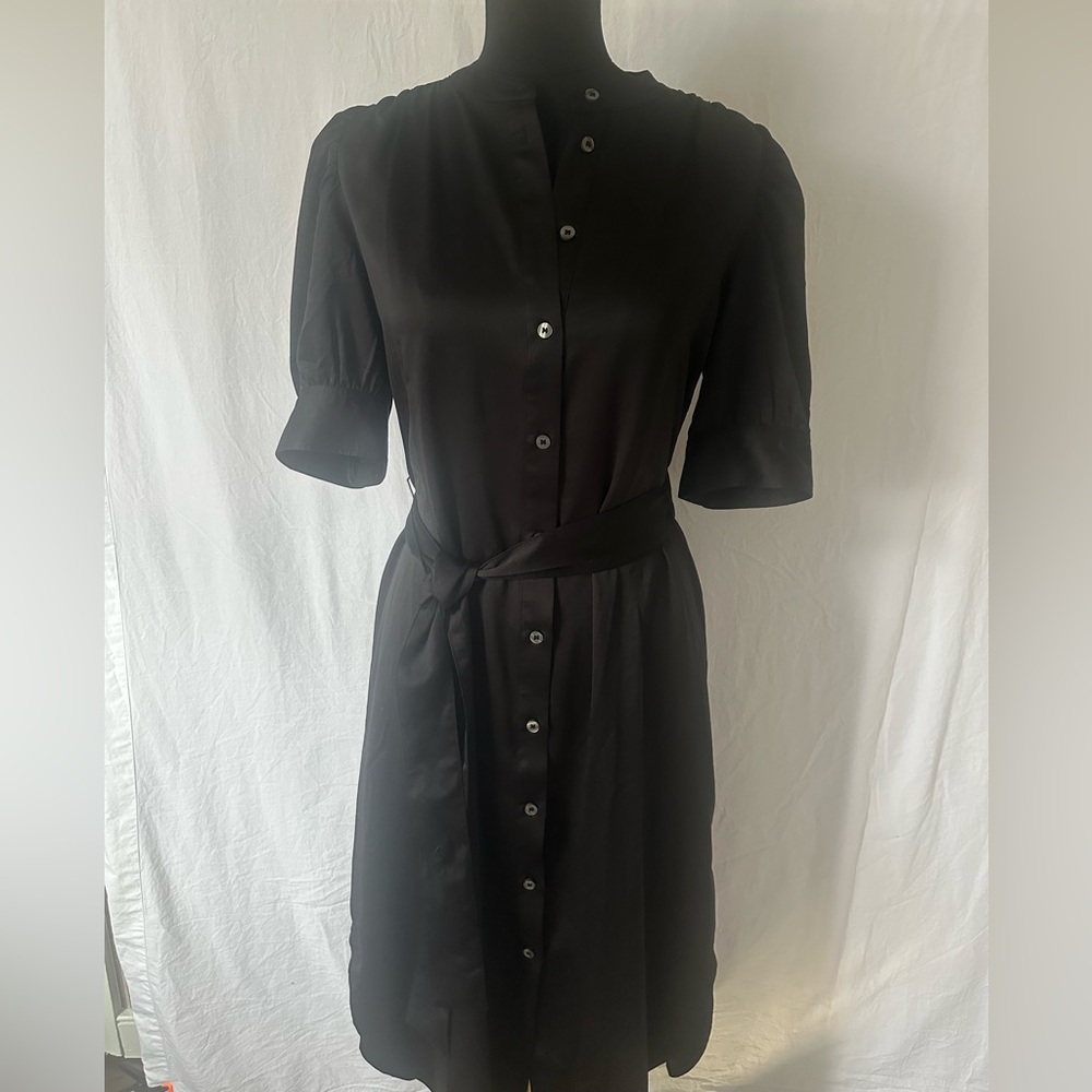 GAP Black Button Front Shirt Dress Tie Waist Puff Sleeve Size S belted